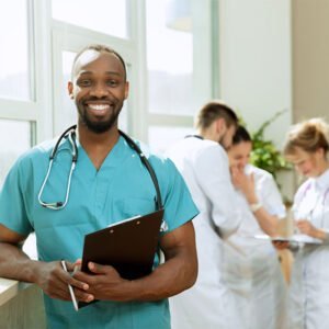 Healthcare people group. Professional african american male doctor posing at hospital office or clinic. Medical technology research institute and doctor staff service concept. Happy smiling models.